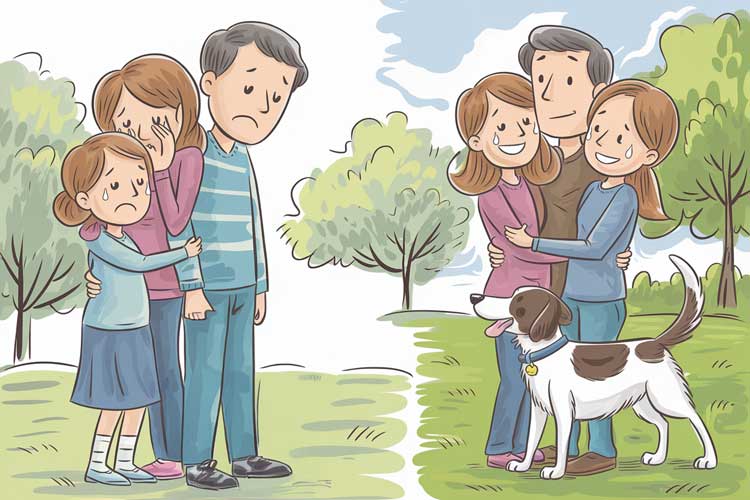 perro-perdido-vs-perro-encontrado ilustración de familia triste por perder el perro vs familia feliz con su perro